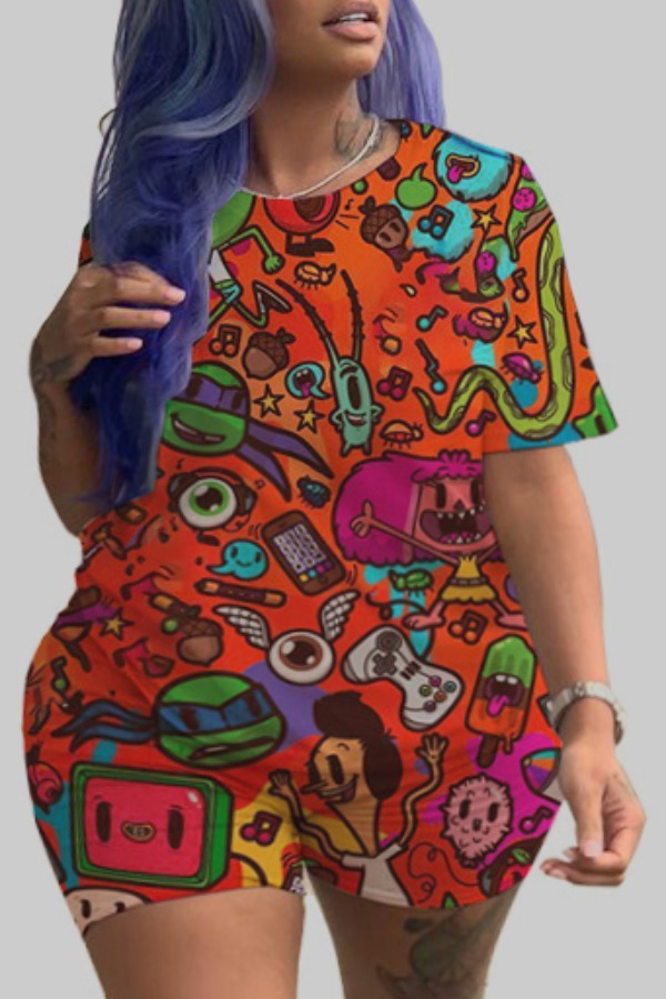 

Lovely Casual Cartoon Print Orange Red Plus Size Two-piece Shorts Set