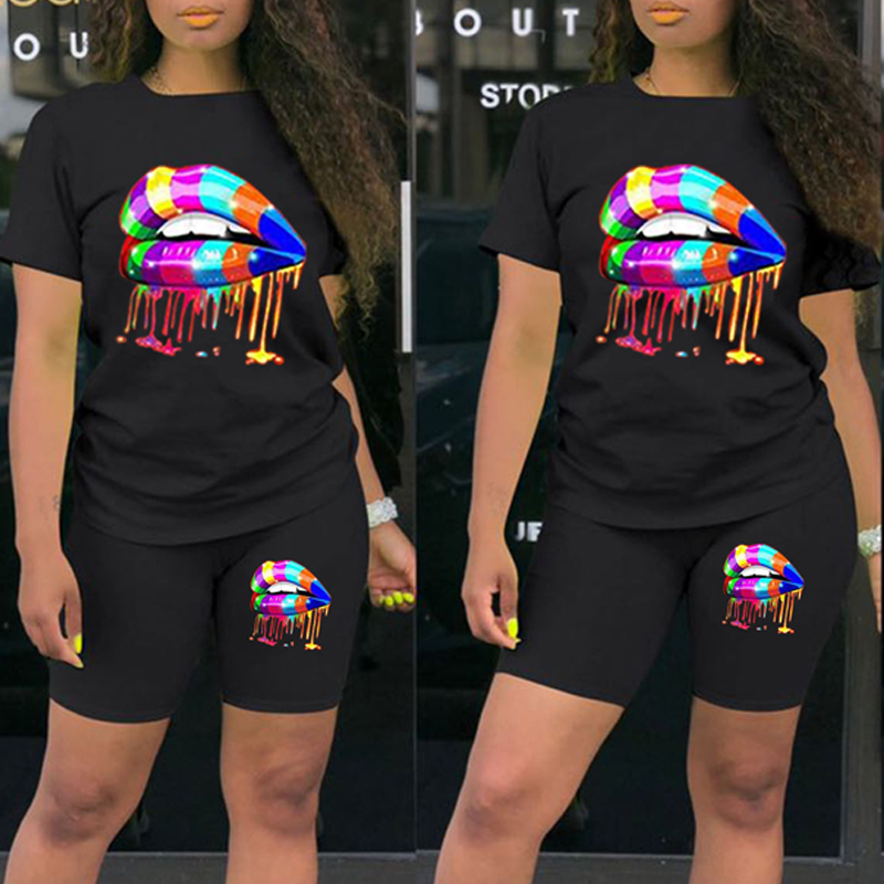 

Lovely Casual Lip Print Carbon Black Plus Size Two-piece Shorts Set