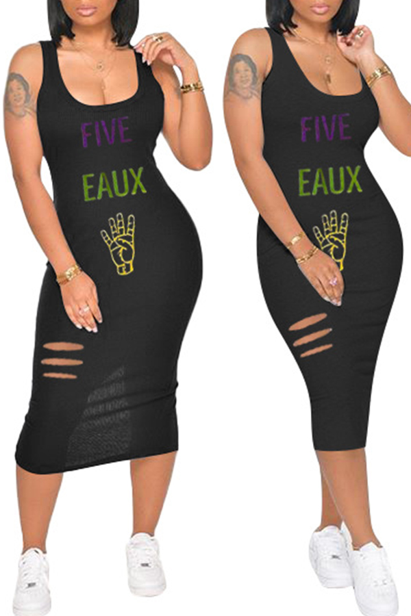

Lovely Leisure U Neck Letter Black Mid Calf Dress