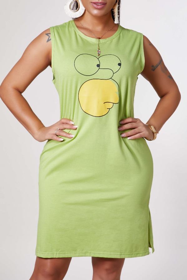 

Lovely Casual Cartoon Print Green Knee Length Dress