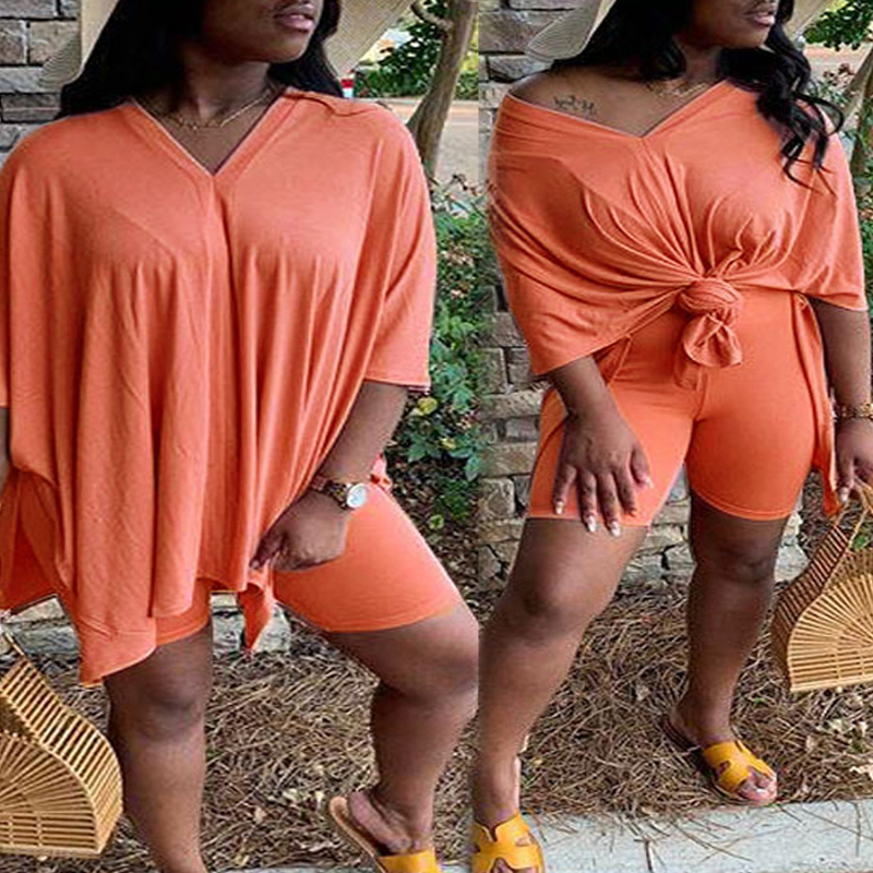 

Lovely Leisure V Neck Basic Croci Plus Size Two-piece Shorts Set