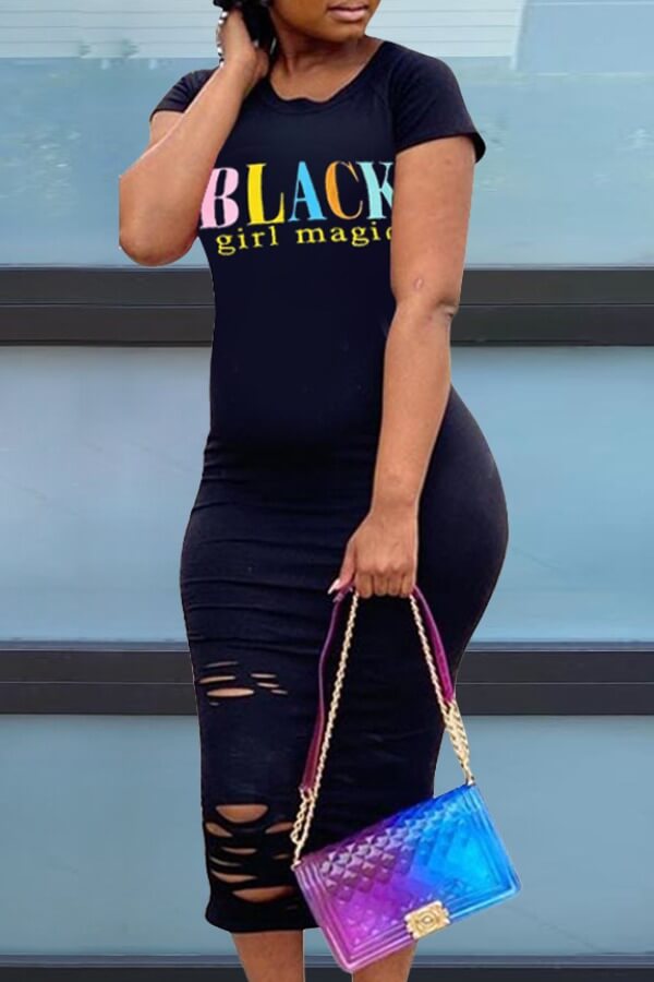 

Lovely Plus Size Leisure O Neck Letter Black Mid Calf Dress