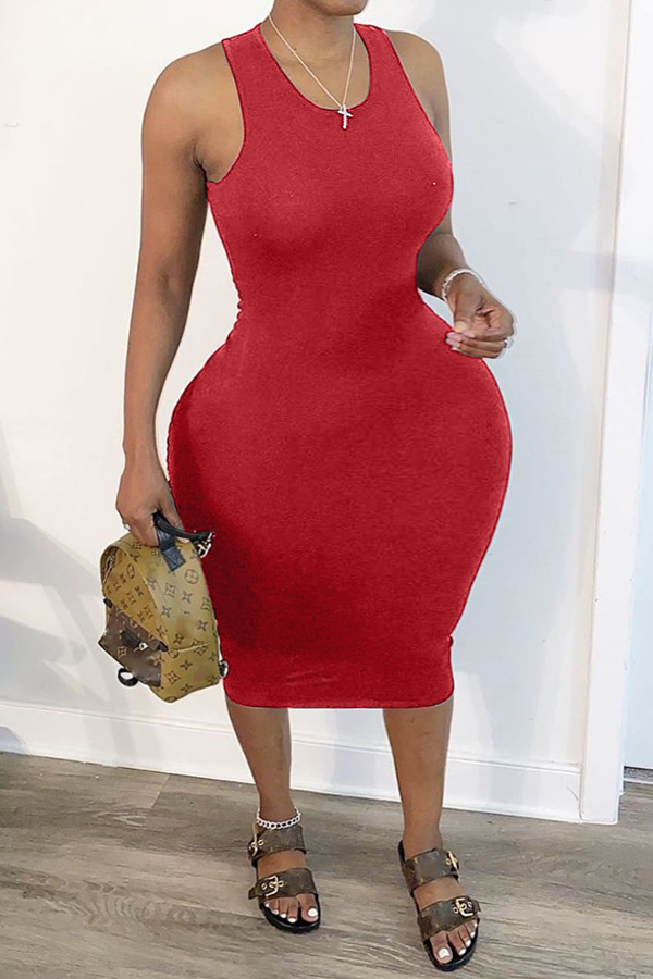 

Lovely Trendy Hollow-out Red Mid Calf Plus Size Dress