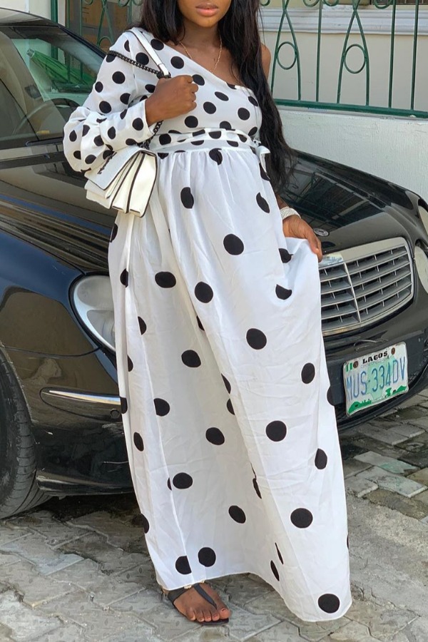 

Lovely Bohemian One Shoulder Dot Print White Maxi Dress