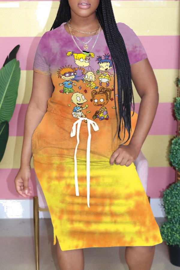 

Lovely Casual O Neck Tie-dye Yellow Knee Length Dress