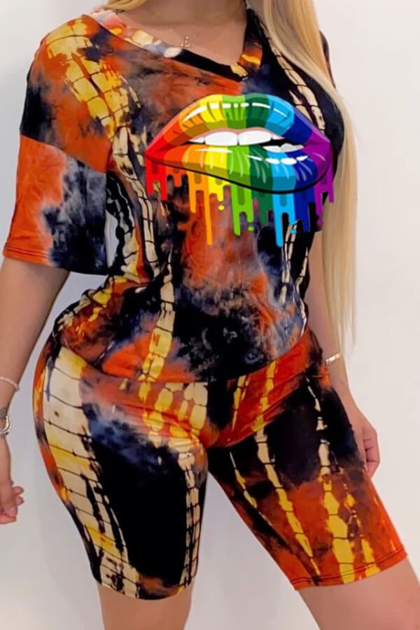 

Lovely Casual Lip Print Jacinth Two-piece Shorts Set
