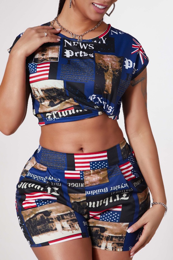 

Lovely Stylish O Neck Letter Print Blue Two-piece Shorts Set