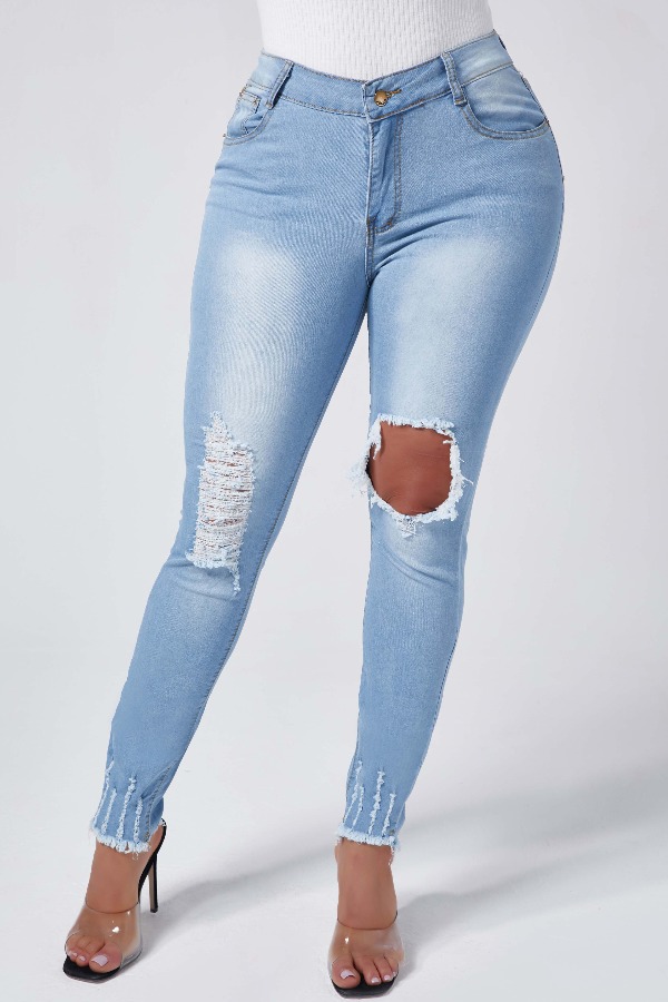 

Lovely Trendy Hollow-out Blue Jeans