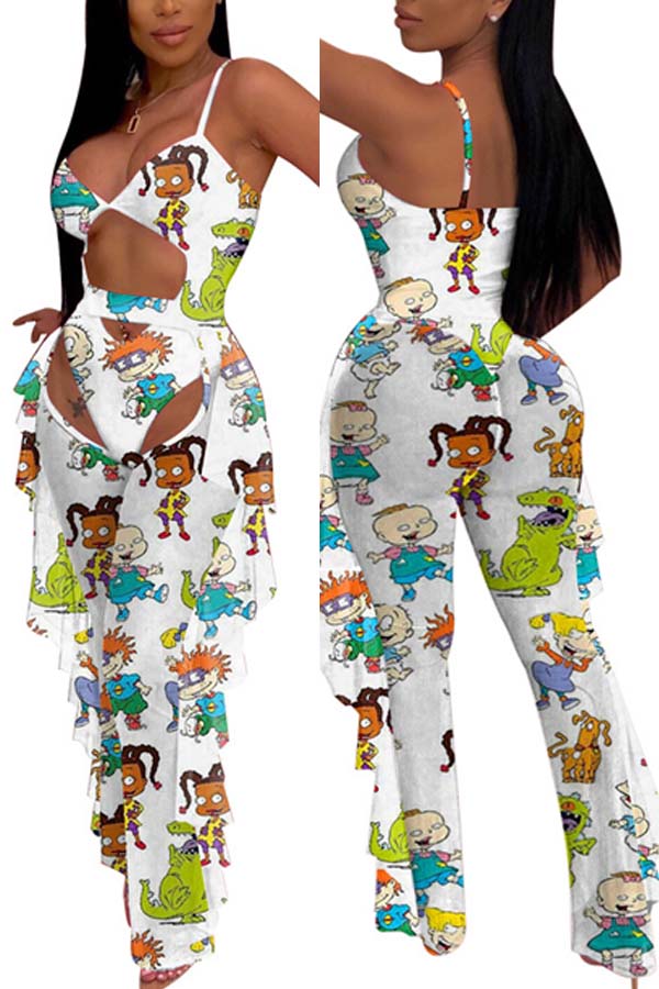 

Lovely Cartoon Print White One-piece Swimsuit(With Pants