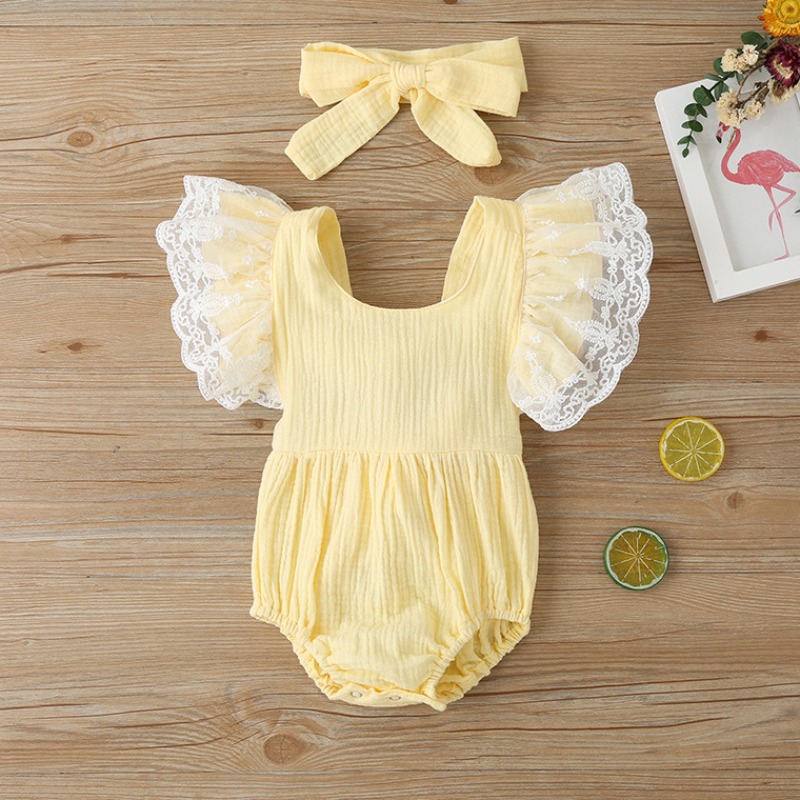 

Lovely Stylish Lace Patchwork Yellow Girl Bodysuit