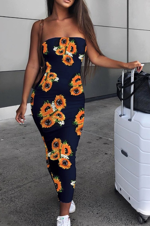 

Lovely Trendy Sunflower Print Black Ankle Length Dress