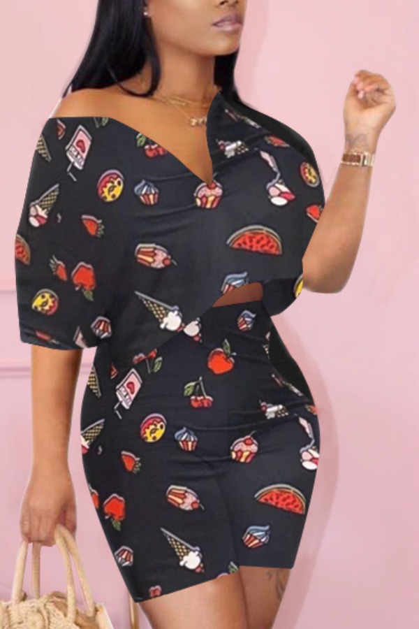 

Lovely Trendy Print Black Two-piece Shorts Set