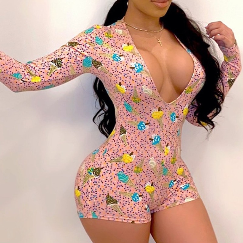 

Lovely Stylish Deep V Neck Print Pink One-piece Romper