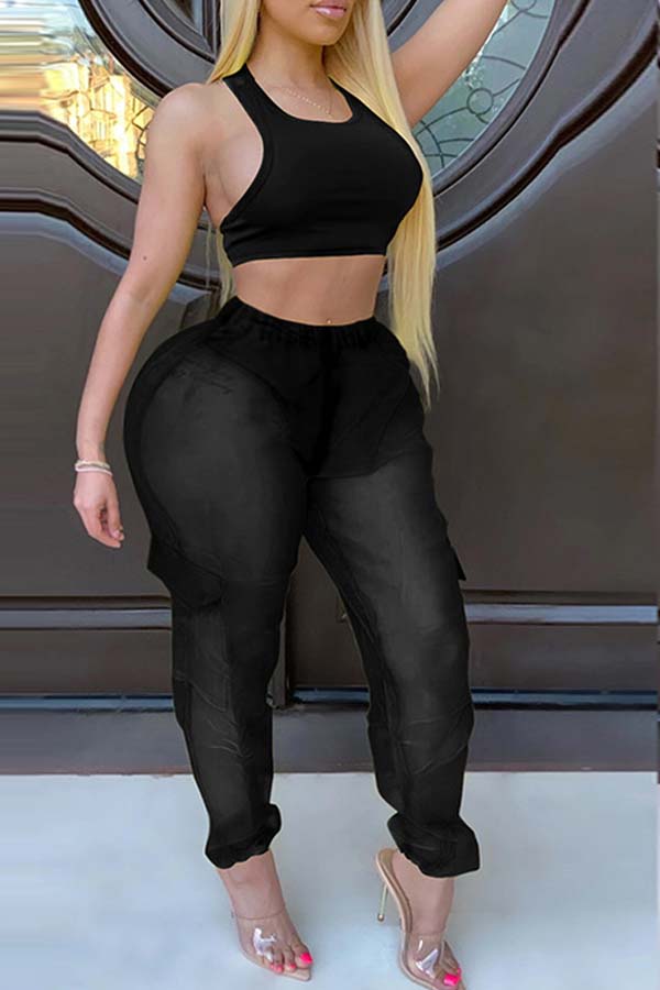 

Lovely Trendy See-through Black Plus Size Two-piece Pants Set