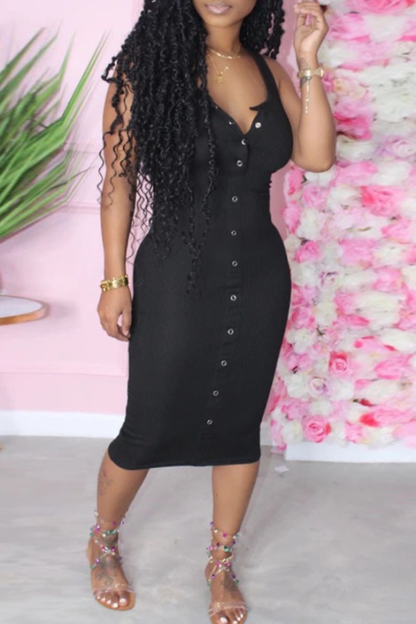 

Lovely Casual Buttons Design Black Knee Length Plus Size Dress