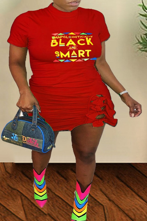 

Lovely Casual Letter Print Red Mini Plus Size Dress