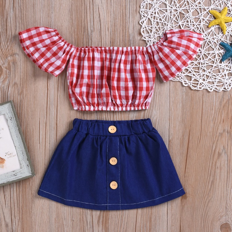 

Lovely Trendy Grid Red Girl Two-piece Skirt Set