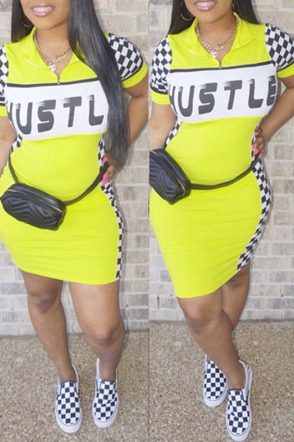 Lovely Casual Letter Print Yellow Mini Dress