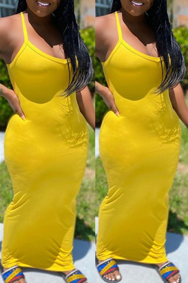

Lovely Casual Basic Skinny Yellow Ankle Length Dress