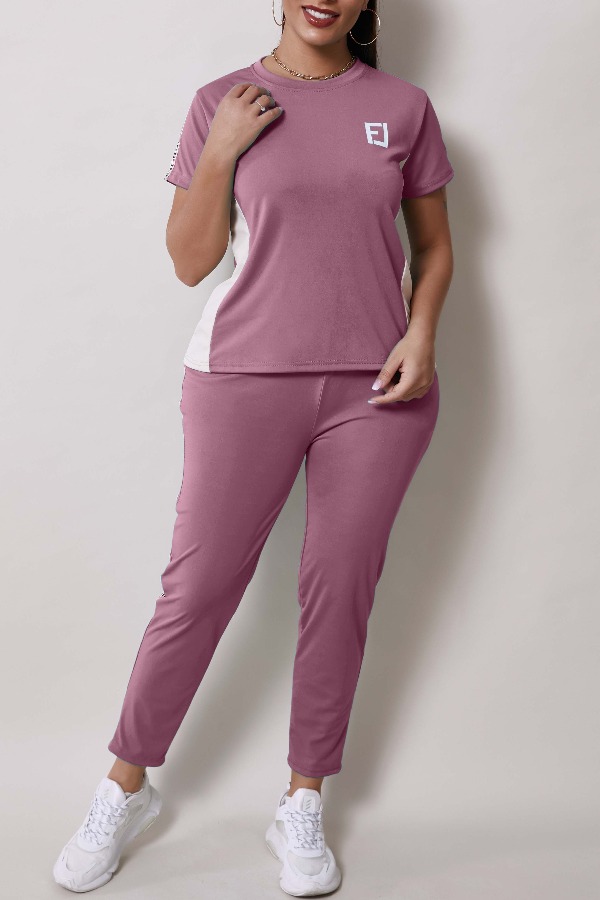 

Lovely Sportswear Patchwork Purple Two-piece Pants Set