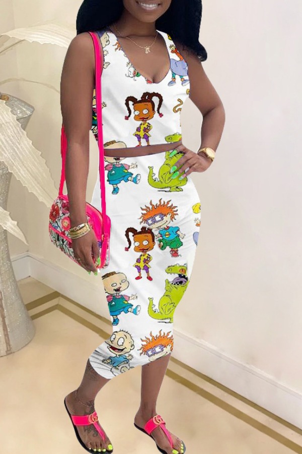 Lovely Casual Cartoon Print White Two-piece Skirt Set