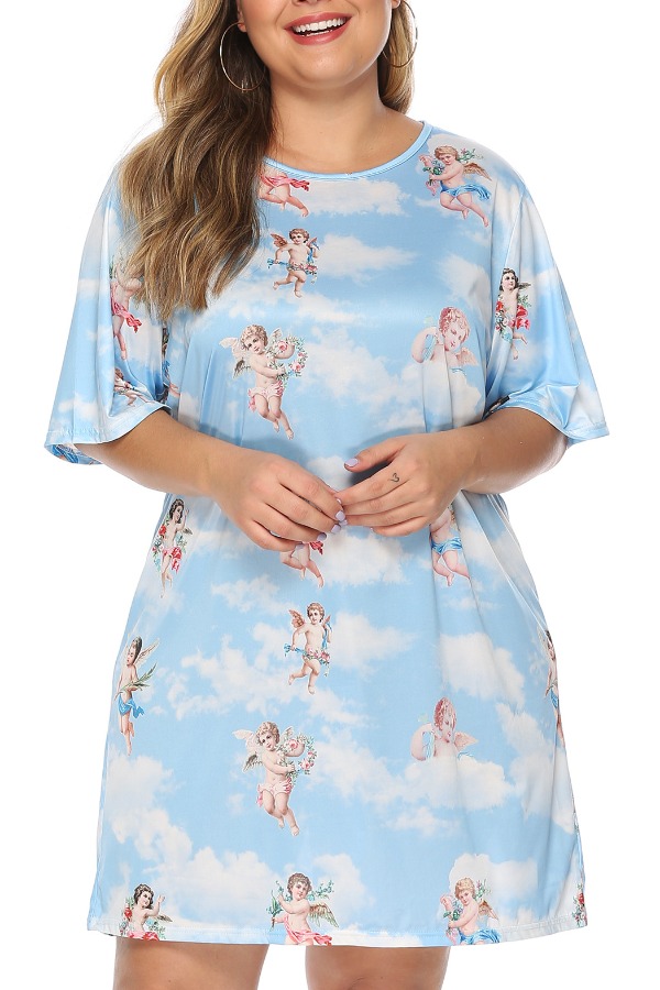 

Lovely Casual O Neck Print Blue Mini Plus Size Dress