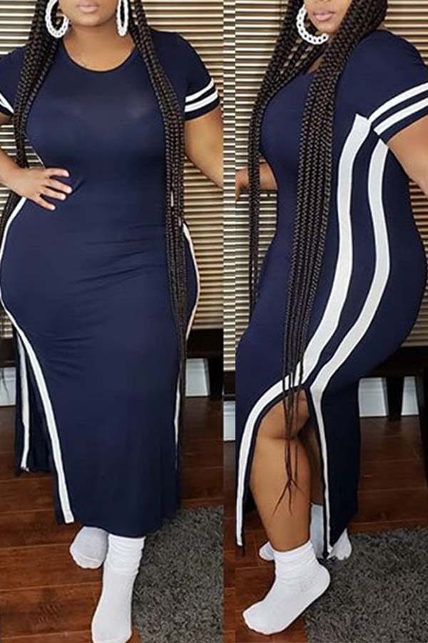 LW Plus Size Casual Patchwork Dark Blue Ankle Length Dress