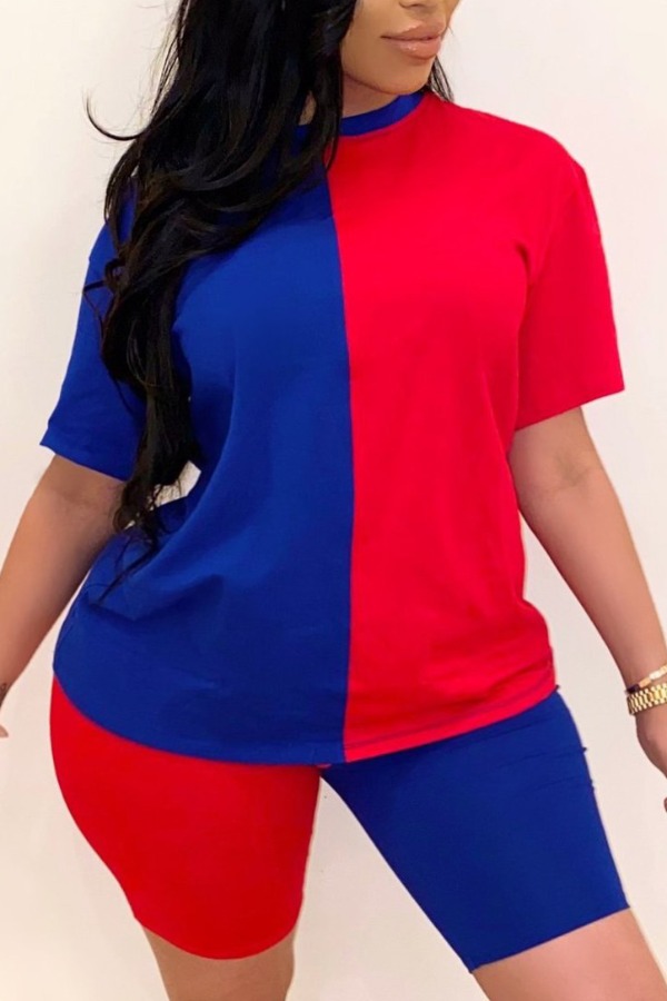 

Lovely Casual O Neck Patchwork Red Plus Size Two-piece Shorts Set