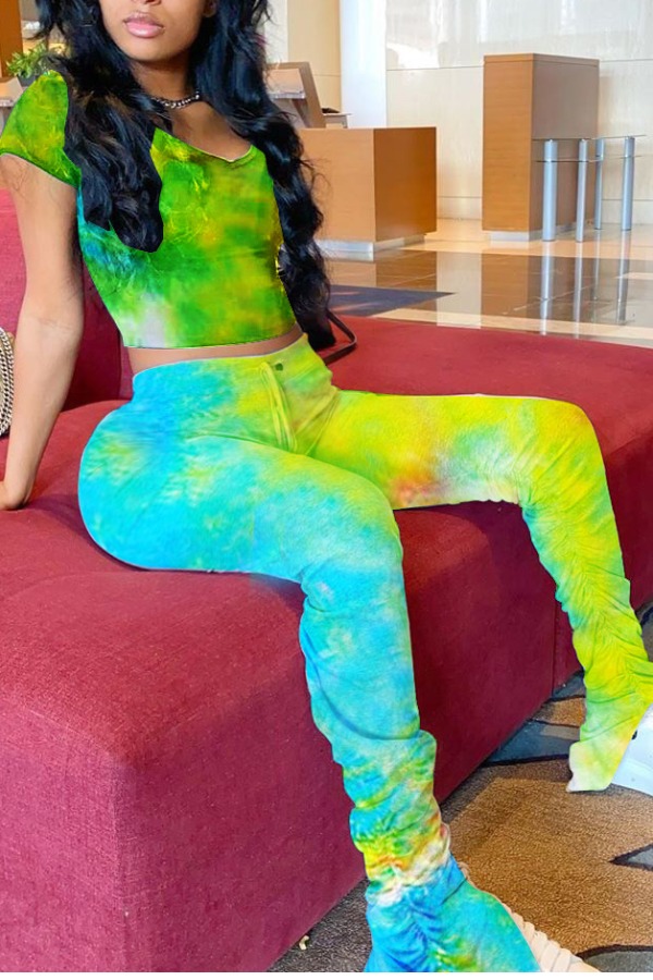 

Lovely Stylish Tie-dye Green Plus Size Two-piece Pants Set