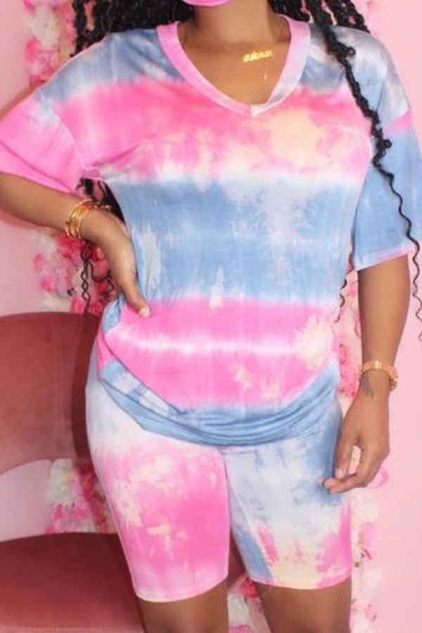 

Lovely Casual Tie-dye Pink Plus Size Two-piece Shorts Set
