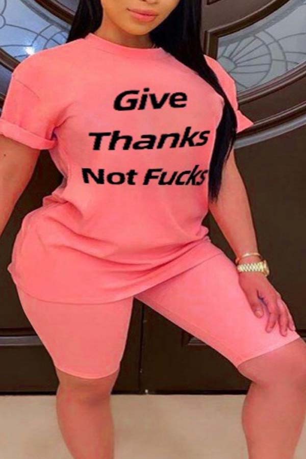 

Lovely Leisure Letter Pink Plus Size Two-piece Shorts Set