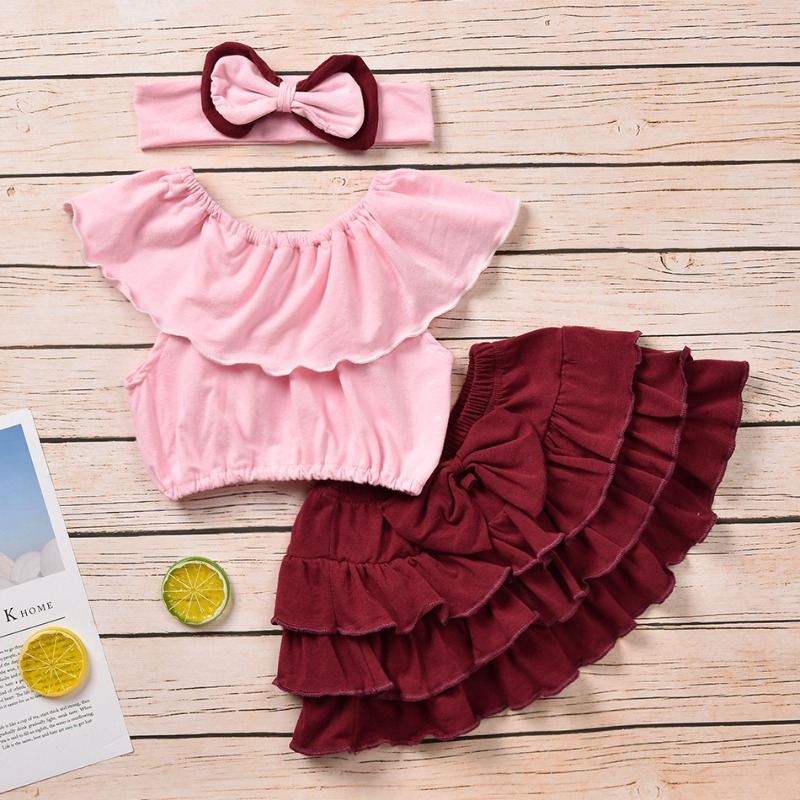 

Lovely Sweet Layered Cascading Ruffle Pink Girl Two-piece Skirt Set