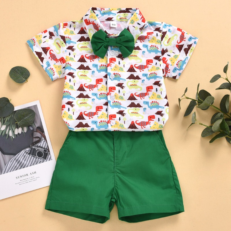 

Lovely Casual Cartoon Print Green Boy Two-piece Shorts Set