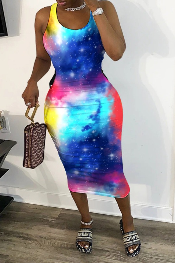 

Lovely Trendy Starry Sky Print Multicolor Knee Length Dress, Multi