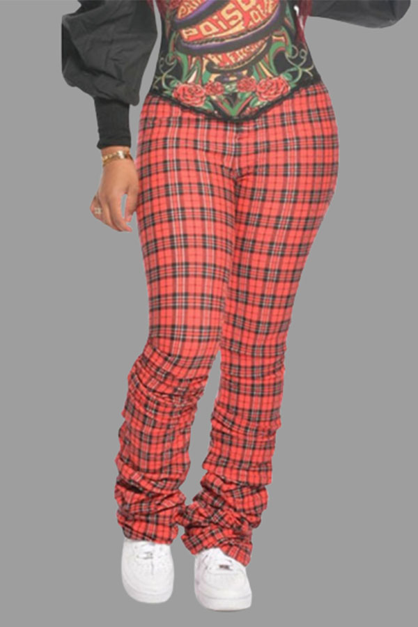 

Lovely Casual Grid Red Plus Size Pants