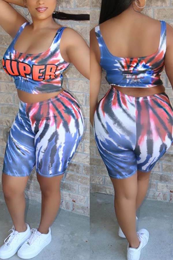 

Lovely Leisure Letter Print Blue Two-piece Shorts Set