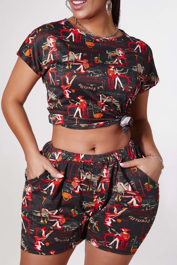 

Lovely Leisure O Neck Print Black Two-piece Shorts Set