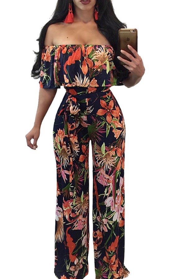 

Lovely Stylish Plants Print Black One-piece Jumpsuit