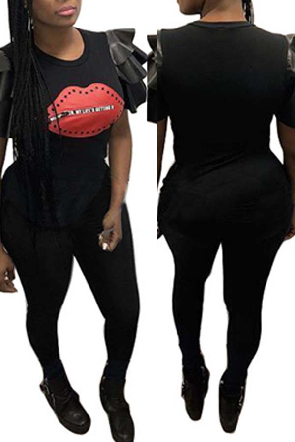 

Lovely Stylish O Neck Lip Black One-piece Jumpsuit