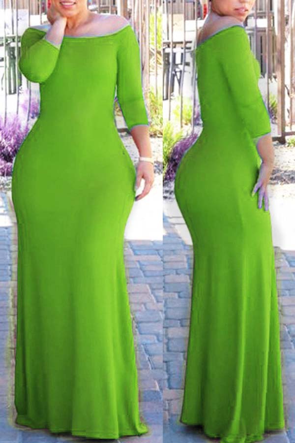 

Lovely Bohemian Dew Shoulder Green Maxi Plus Size Dress