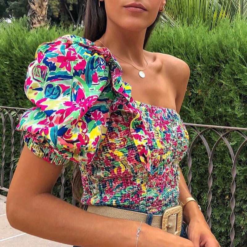 

Lovely Bohemian One Shoulder Floral Print Rose Red Blouse