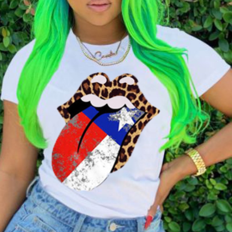 

Lovely Casual O Neck Lip Print White T-shirt