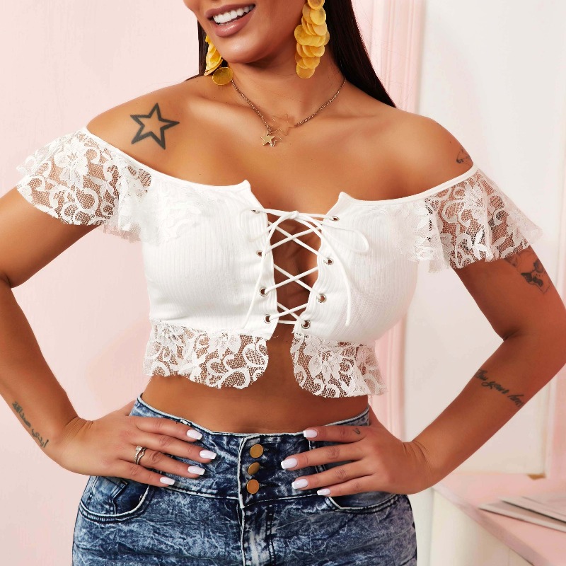 

Lovely Sexy Lace Hem Bandage Design White Blouse