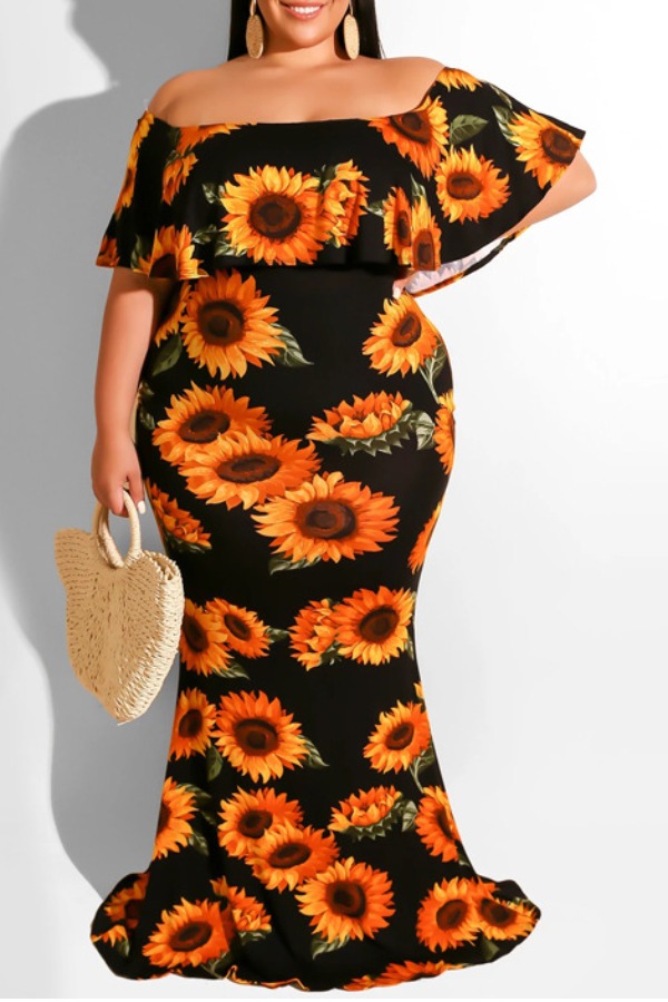 

Lovely Trendy Sunflower Print Black Maxi Plus Size Dress