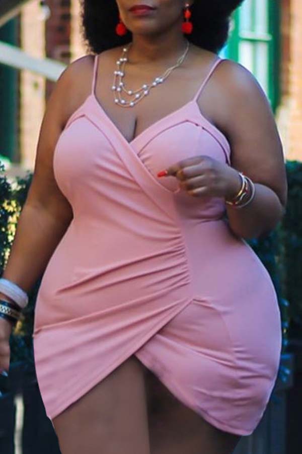 

Lovely Sexy Fold Design Pink Mini Plus Size Dress