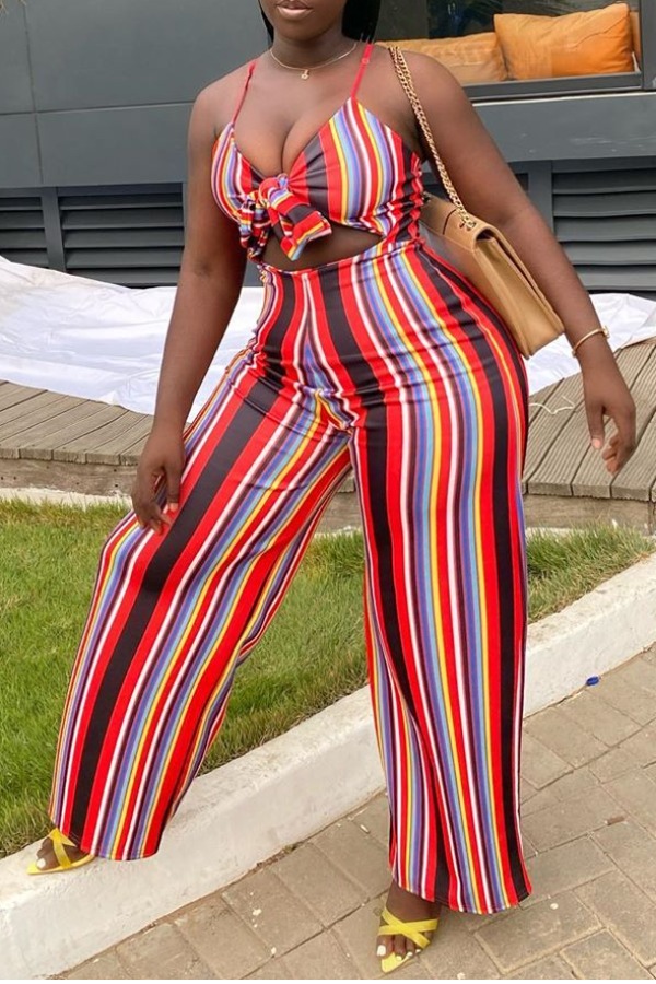 

Lovely Trendy Dew Shoulder Striped Red Two-piece Pants Set