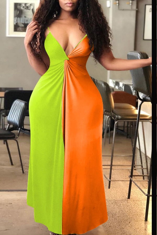 

lovely Casual Patchwork Black Ankle Length Dress, Orange