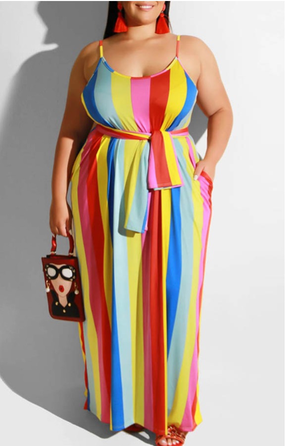 

lovely Casual Striped Multicolor Maxi Plus Size Dress, Multi
