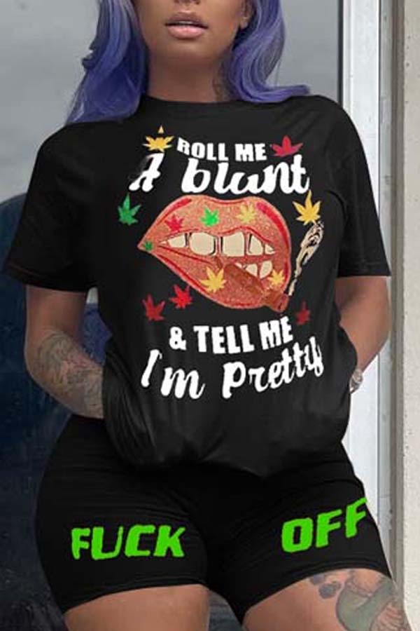 

lovely Casual Lip Print Black Plus Size Two-piece Shorts Set