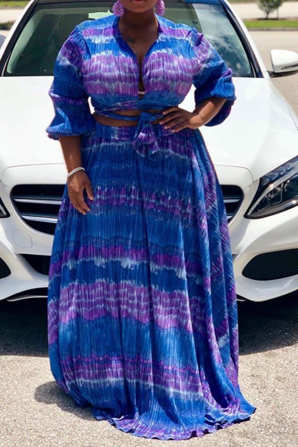 

lovely Stylish Tie-dye Blue Plus Size Two-piece Skirt Set